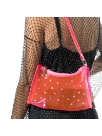 PINK TRANSPARENT PVC BAG WITH RHINESTONES 25CM X 40CM X 6CM