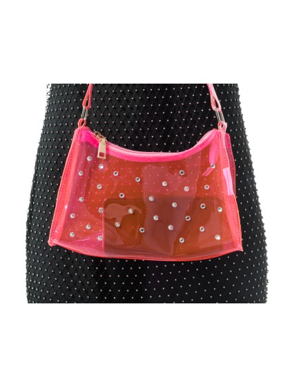 PINK TRANSPARENT PVC BAG WITH RHINESTONES 25CM X 40CM X 6CM