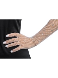WHITE RHINESTONES FISHNET GLOVES ONE SIZE - 45CM