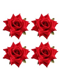 SET 4 ROSES EFFET VELOURS ROUGE DIA 10CM X 5CM