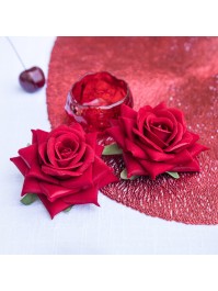 SET 4 ROSES EFFET VELOURS ROUGE DIA 10CM X 5CM