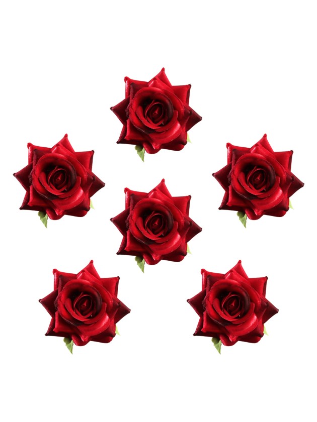SET 6 ROSES EFFET VELOURS ROUGE DIA 7CM X 4.5CM