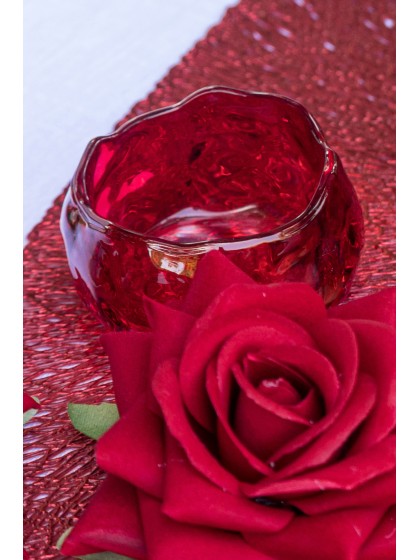 RED GLASS CAMELLIA SHAPED CANDLEHOLDER 6.5CM X 6.5CM X 3.7CM