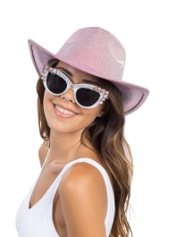 WHITE GLASSES WITH BIG LIGHT PINK RHINESTONES 15CM X 15CM X 5.5CM