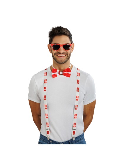 DENMARK SUPPORTER 3PCS SET SUSPENDERS 2.5CM X 0.5CM X 100CM BOW TIE 13CM X 1.5CM X 7CM GLASSES 14.5CM X 4.5CM