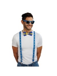 SWEDEN SUPPORTER 3PCS SET SUSPENDERS 2.5CM X 0.5CM X 100CM BOW TIE 13CM X 1.5CM X 7CM GLASSES 14.5CM X 4.5CM