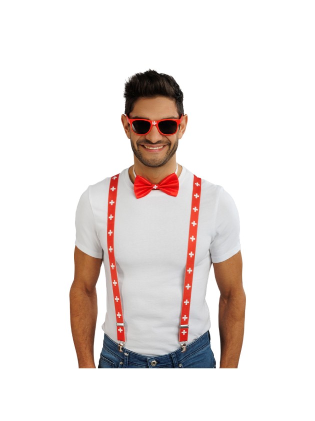 SWITZERLAND SUPPORTER 3PCS SET SUSPENDERS 2.5CM X 0.5CM X 100CM BOW TIE 13CM X 1.5CM X 7CM GLASSES 14.5CM X 4.5CM