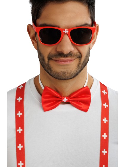 SWITZERLAND SUPPORTER 3PCS SET SUSPENDERS 2.5CM X 0.5CM X 100CM BOW TIE 13CM X 1.5CM X 7CM GLASSES 14.5CM X 4.5CM