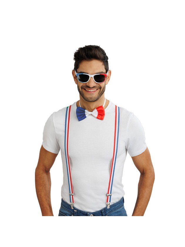 FRANCE SUPPORTER 3PCS SET SUSPENDERS 2.5CM X 0.5CM X 100CM BOW TIE 13CM X 1.5CM X 7CM GLASSES 14.5CM X 4.5CM