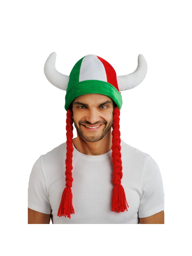 GREEN WHITE RED HORNS AND BRAIDS FABRIC HELMET 34CM X 4.5CM X 56CM