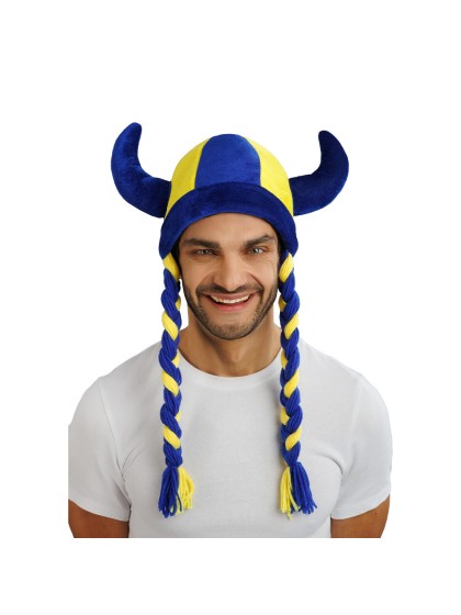 BLUE AND YELLOW HORNS AND BRAIDS FABRIC HELMET 34CM X 4.5CM X 56CM