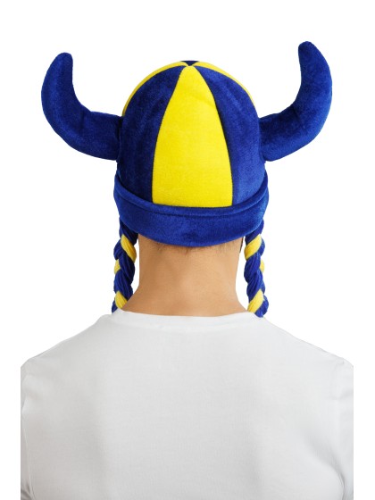 BLUE AND YELLOW HORNS AND BRAIDS FABRIC HELMET 34CM X 4.5CM X 56CM