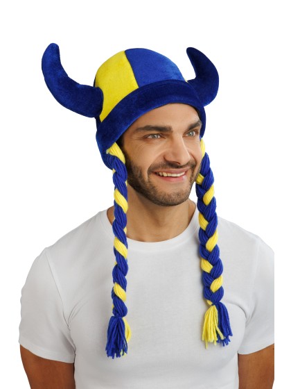BLUE AND YELLOW HORNS AND BRAIDS FABRIC HELMET 34CM X 4.5CM X 56CM