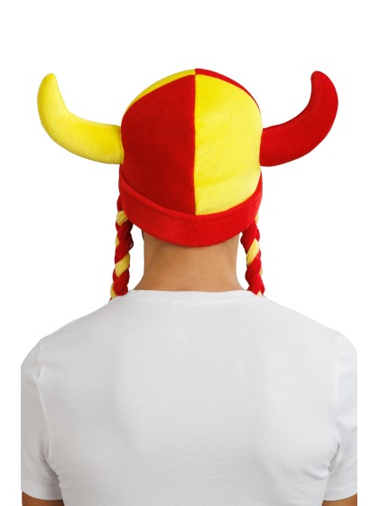 RED AND YELLOW HORNS AND BRAIDS FABRIC HELMET 34CM X 4.5CM X 56CM