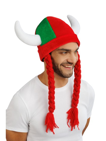 CASQUE TISSUS CORNES ET TRESSES SUPPORTER ROUGE ET VERT 34CM X 4.5CM X 56CM