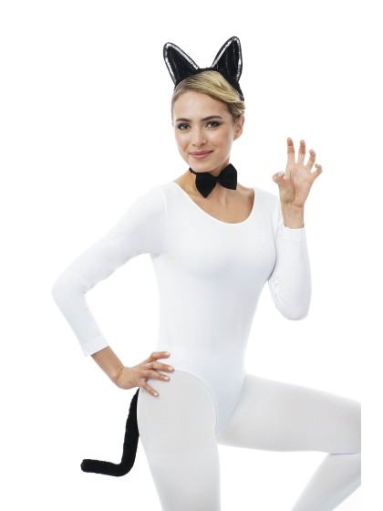 SET CHAT NOIR 3 PIECES: SERRE-TETE NOEUD QUEUE 