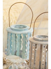 SKY BLUE WOODEN LANTERN WITH GLASS CANDLE HOLDER 13.5CM X 11.5CM