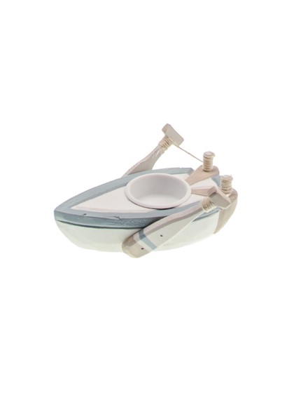 BOUGEOIR CH PLAT BARQUE BOIS BLANC BLEU CIEL TAUPE 14CM X 9.5CM X 7CM