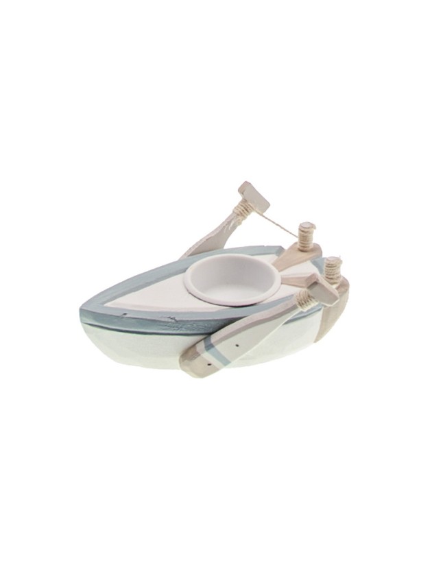 BOUGEOIR CH PLAT BARQUE BOIS BLANC BLEU CIEL TAUPE 14CM X 9.5CM X 7CM
