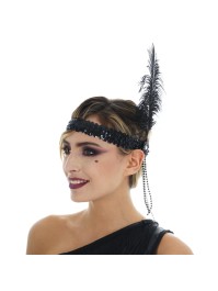 HEADBAND SEQUINS BLACK WITH BLACK FEATHER 