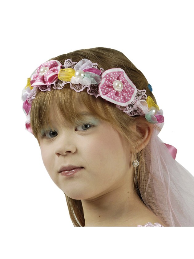 COURONNE DE FLEURS AVEC VOILE FUSCHIA 