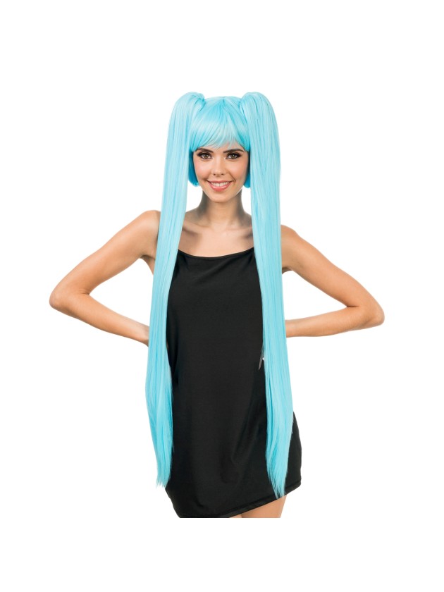 PERRUQUE HANA COSPLAY LONGUES COUETTES BLEUES AVEC FRANGE 27CM - COUETTES 99CM