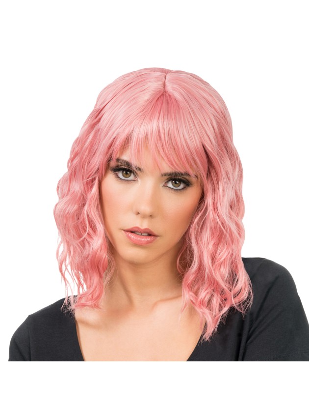 PERRUQUE TESSA CHEVEUX COURTS ONDULES AVEC FRANGE ROSE PASTEL 35CM