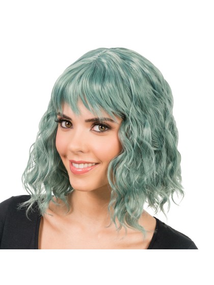 PERRUQUE TESSA CHEVEUX COURTS ONDULES AVEC FRANGE VERT 35CM