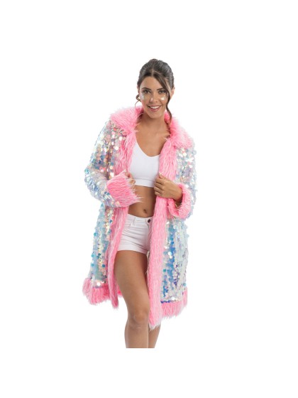 LONG REVERSIBLE SEQUINS AND PINK FAKE FUR COAT L-XL