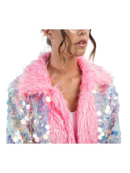 LONG MANTEAU REVERSIBLE A SEQUINS ET FAUSSE FOURRURE ROSE L-XL