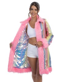 LONG REVERSIBLE SEQUINS AND PINK FAKE FUR COAT L-XL