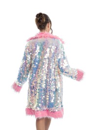 LONG MANTEAU REVERSIBLE A SEQUINS ET FAUSSE FOURRURE ROSE S-M