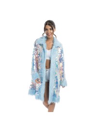 LONG REVERSIBLE SEQUINS AND BABY BLUE FAKE FUR COAT L-XL