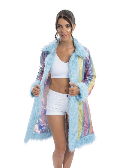 LONG MANTEAU REVERSIBLE A SEQUINS ET FAUSSE FOURRURE BLEUE L-XL