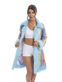 LONG MANTEAU REVERSIBLE A SEQUINS ET FAUSSE FOURRURE BLEUE L-XL