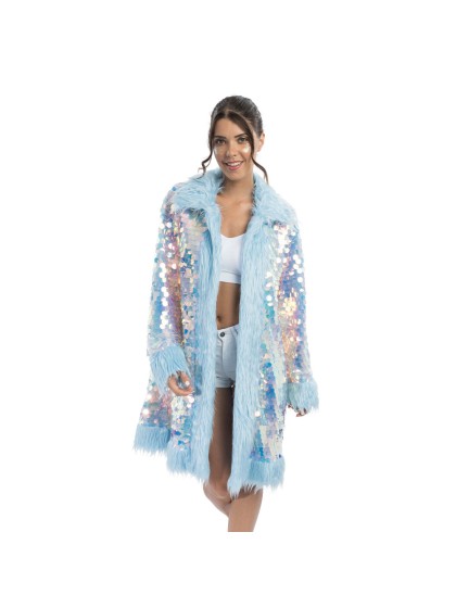 LONG REVERSIBLE SEQUINS AND BABY BLUE FAKE FUR COAT S-M