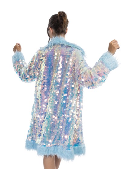 LONG REVERSIBLE SEQUINS AND BABY BLUE FAKE FUR COAT S-M