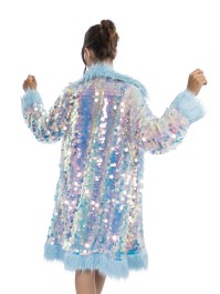 LONG MANTEAU REVERSIBLE A SEQUINS ET FAUSSE FOURRURE BLEUE S-M