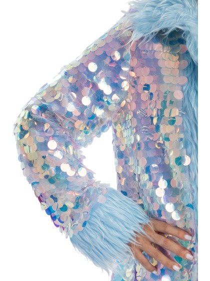 LONG MANTEAU REVERSIBLE A SEQUINS ET FAUSSE FOURRURE BLEUE S-M