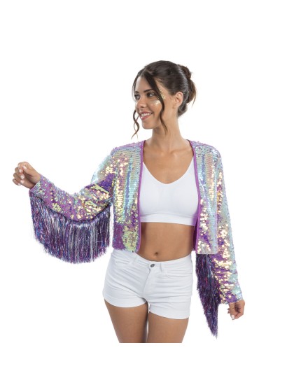 VESTE A SEQUINS ET MANCHES A FRANGES VIOLET IRISE M