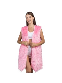 LONG GILET SANS MANCHE FAUSSE FOURRURE ROSE S-M