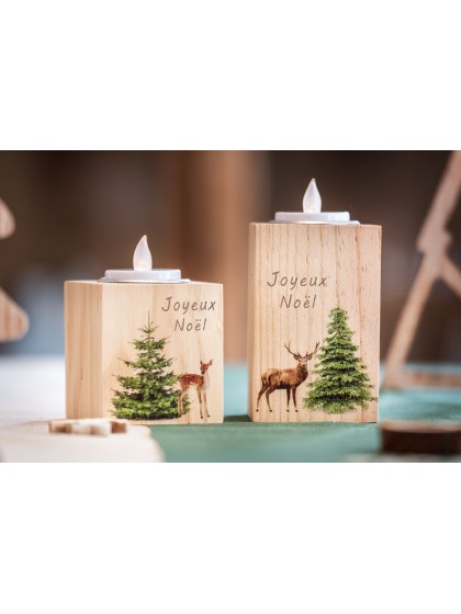 WOODEN T-LIGHT CANDLEHOLDER JOYEUX NOEL 6.5CM X 6.5CM X 7CM