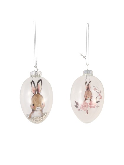 HANG GLASS EGG RABBIT DESIGN 2 ASS DIA 5CM X 8CM