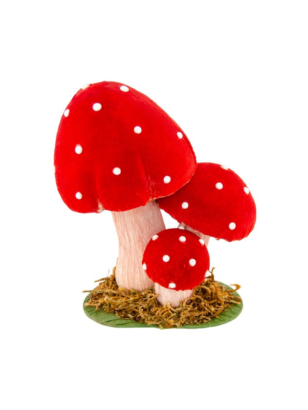 3 RED MUSHROOMS ON MOSS BASE 13CM X 8.5CM X 15CM