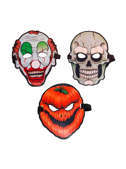 MASKE LEUCHTEND LEDs - 3 MOD. SORT. CLOWN /SQUELETTE/CITROUILLE 