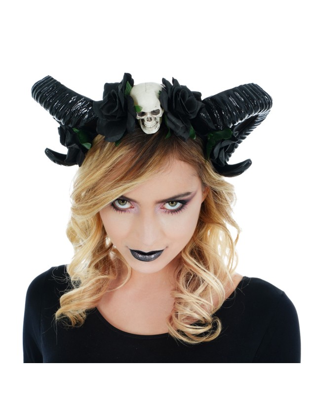 HEADBAND WITH BLACK HORNS AND FLOWERS 