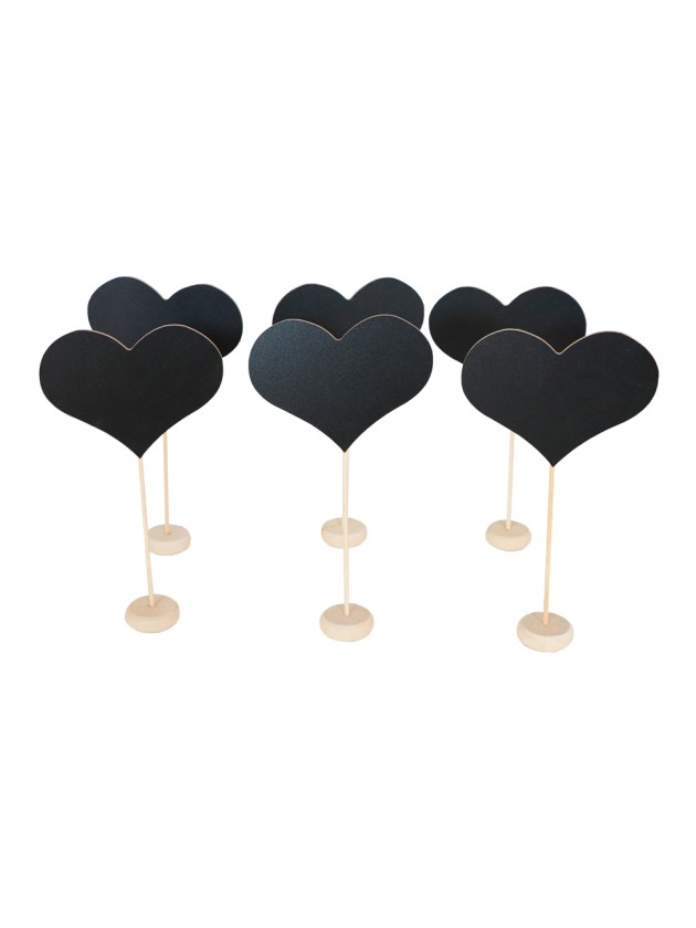 SET 6 MARQUE-TABLES COEUR ARDOISE / BOIS 11.5CM X 21CM