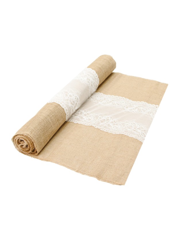 JUTE FRINGED TABLE RUNNER W/ LACE 60CM X 3M