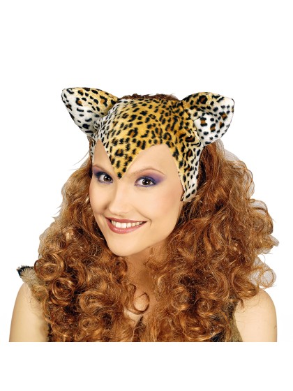PERRUQUE BRUN BOUCLE AVEC COIFFE LEOPARD 