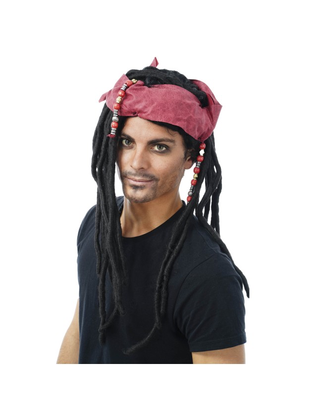 PERRUQUE PIRATE JACK FOULARD ROUGE RASTA NOIR 